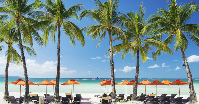 Idyllisk strand med hvit sand, omgitt av høye palmetrær. Oransje parasoller og solsenger inviterer til avslapning foran det klare blå havet.